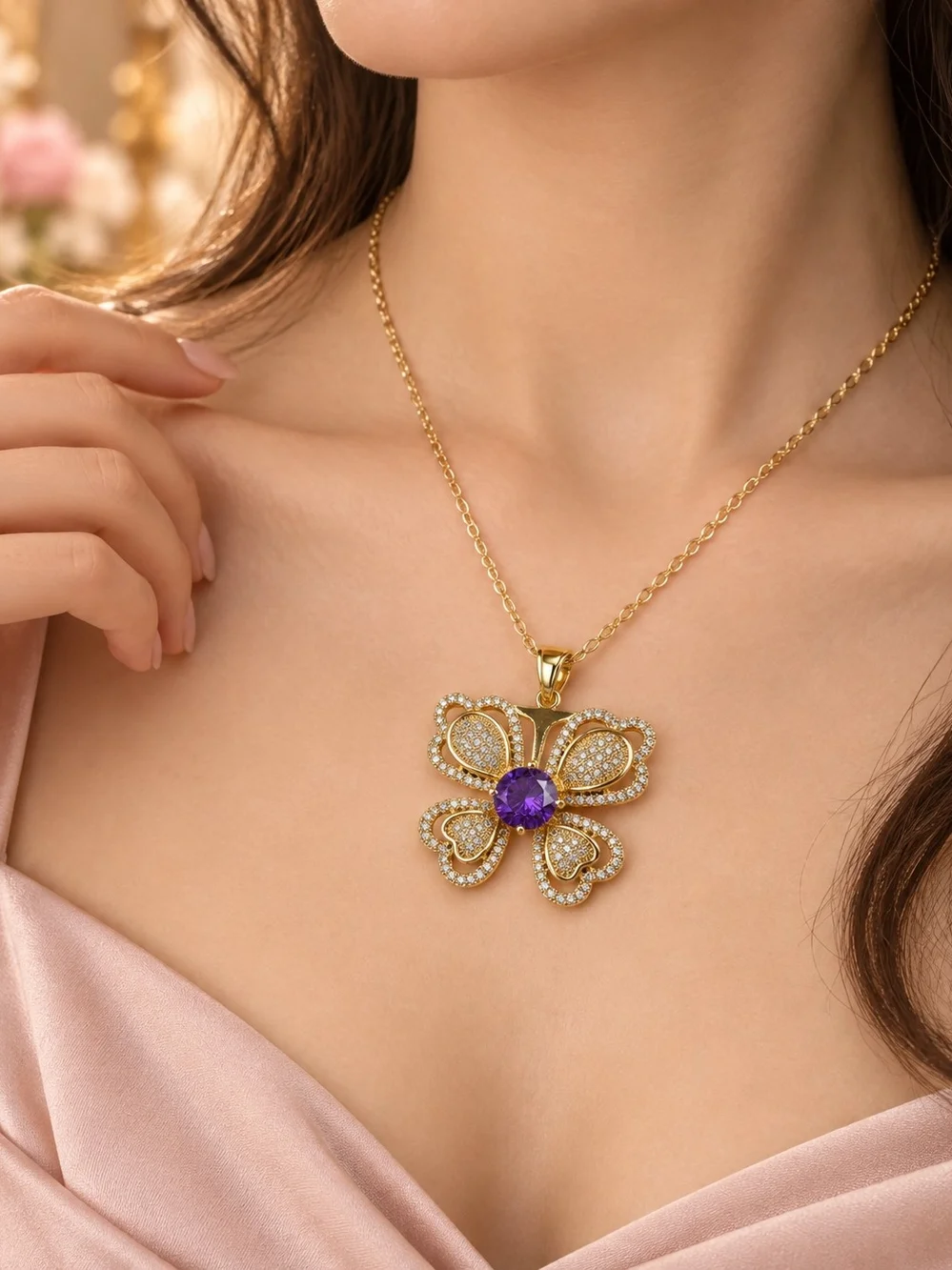 14k. Laminated Gold Clover Pendant with Purple Gem